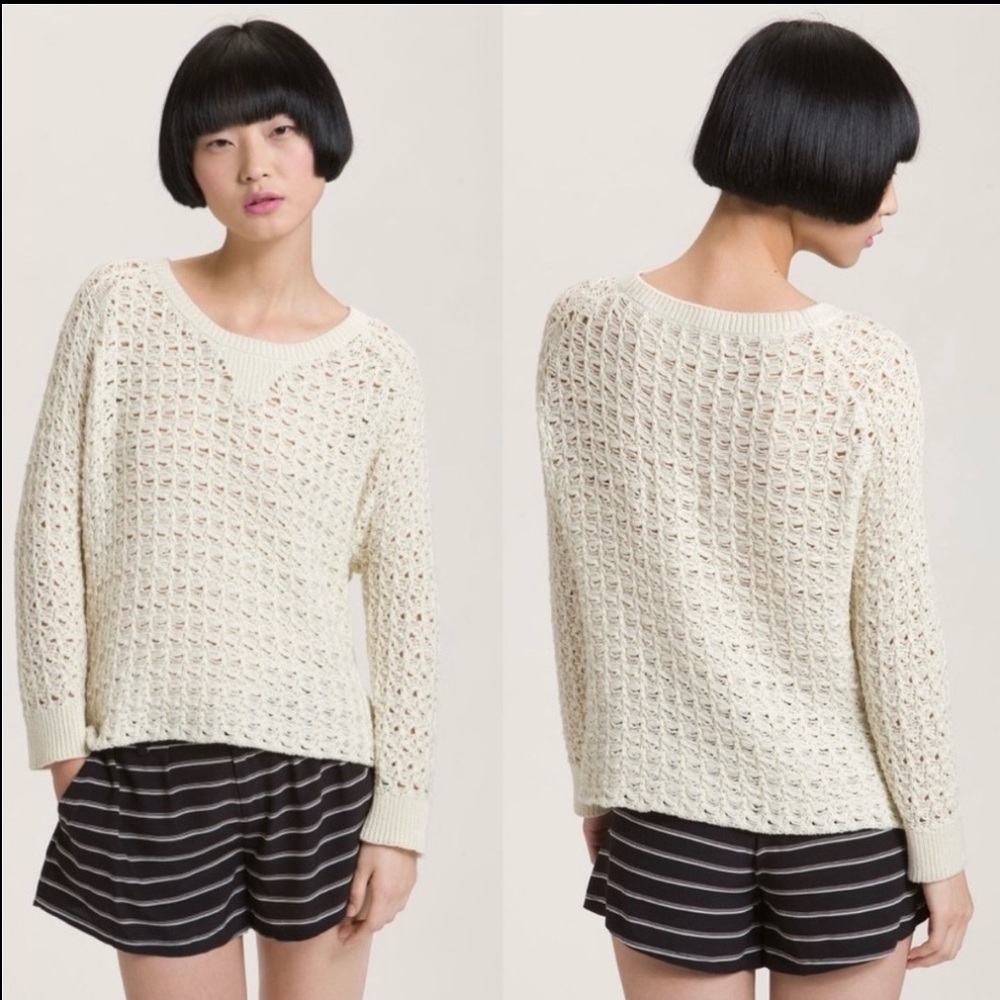 Joie Cream Open Knit Fisherman Crewneck Sweater Rory Gilmore Vibes